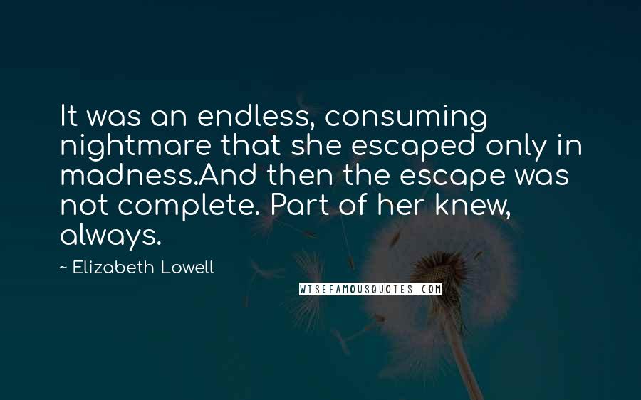 Elizabeth Lowell Quotes: It was an endless, consuming nightmare that she escaped only in madness.And then the escape was not complete. Part of her knew, always.