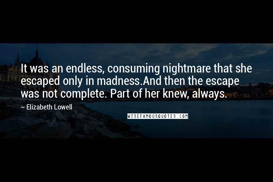 Elizabeth Lowell Quotes: It was an endless, consuming nightmare that she escaped only in madness.And then the escape was not complete. Part of her knew, always.