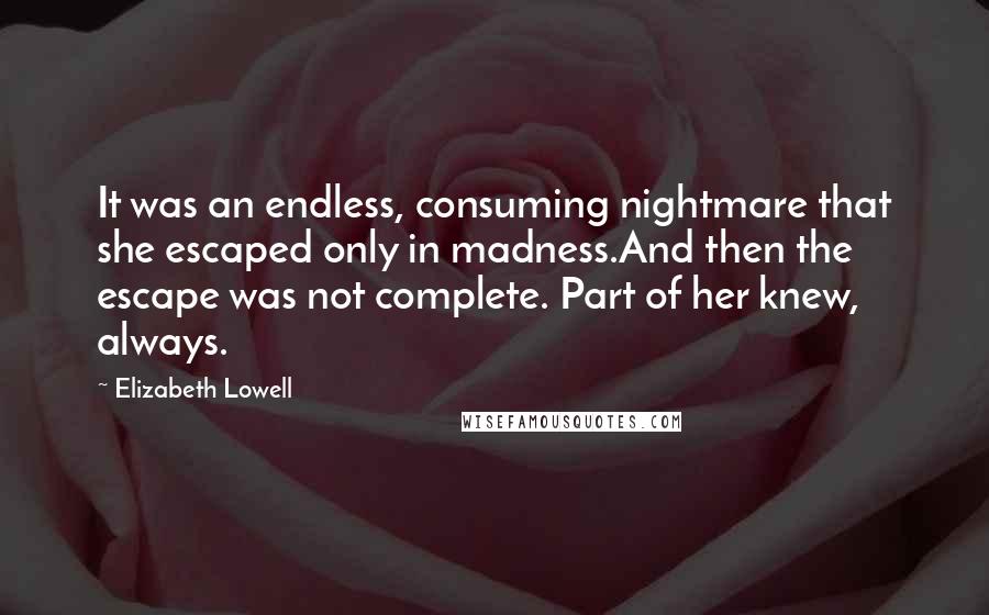 Elizabeth Lowell Quotes: It was an endless, consuming nightmare that she escaped only in madness.And then the escape was not complete. Part of her knew, always.