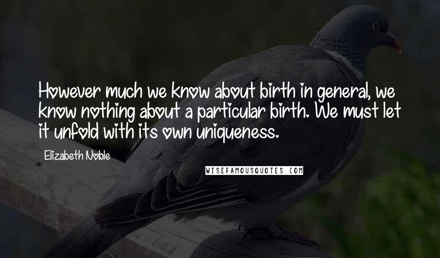 Elizabeth Noble Quotes: However much we know about birth in general, we know nothing about a particular birth. We must let it unfold with its own uniqueness.