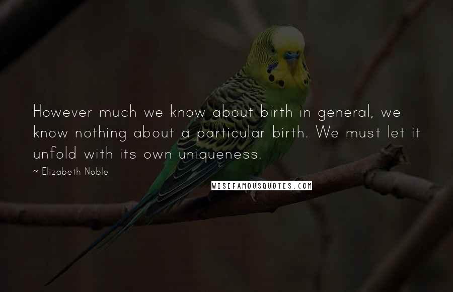 Elizabeth Noble Quotes: However much we know about birth in general, we know nothing about a particular birth. We must let it unfold with its own uniqueness.