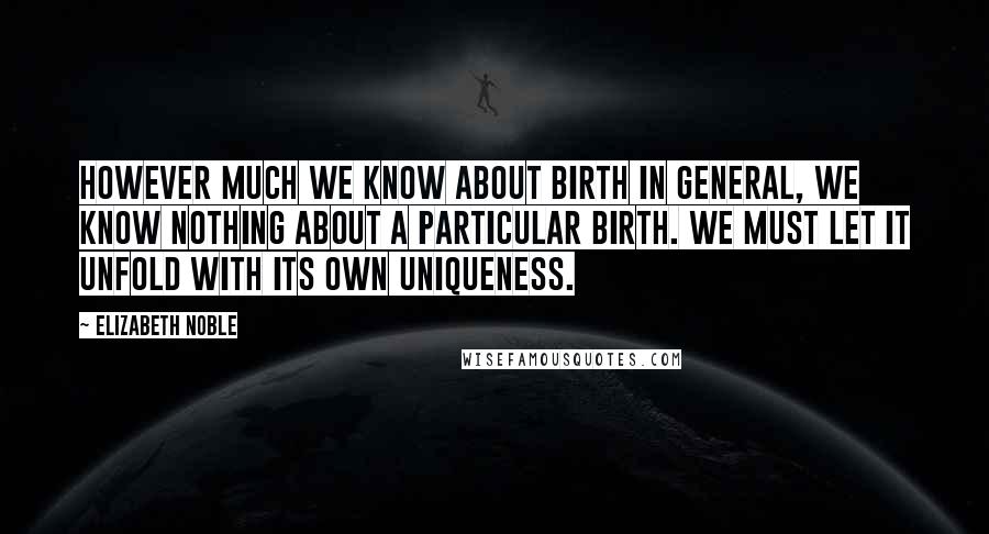 Elizabeth Noble Quotes: However much we know about birth in general, we know nothing about a particular birth. We must let it unfold with its own uniqueness.