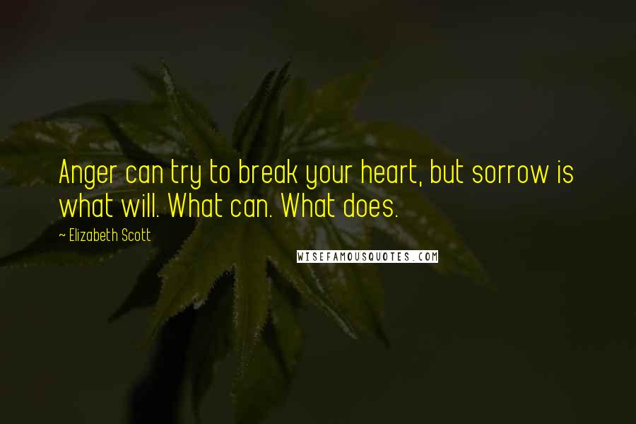 Elizabeth Scott Quotes: Anger can try to break your heart, but sorrow is what will. What can. What does.