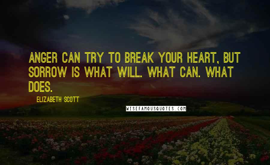 Elizabeth Scott Quotes: Anger can try to break your heart, but sorrow is what will. What can. What does.