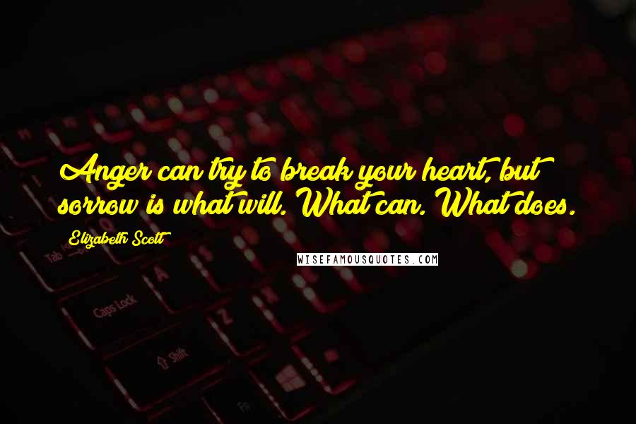 Elizabeth Scott Quotes: Anger can try to break your heart, but sorrow is what will. What can. What does.