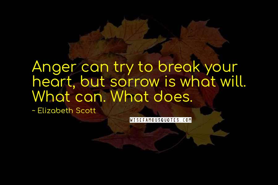 Elizabeth Scott Quotes: Anger can try to break your heart, but sorrow is what will. What can. What does.