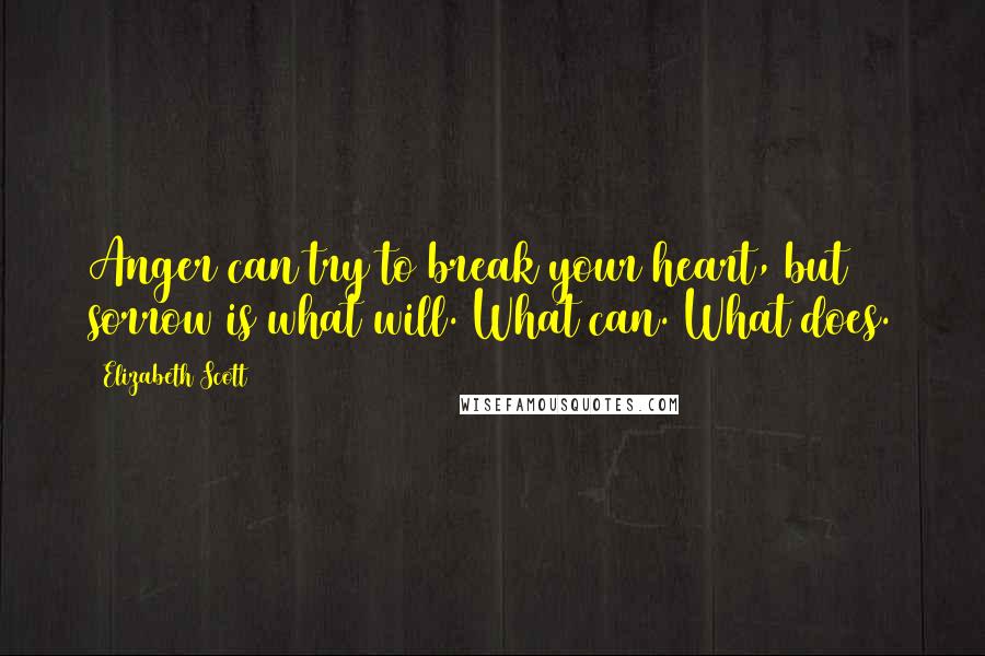 Elizabeth Scott Quotes: Anger can try to break your heart, but sorrow is what will. What can. What does.