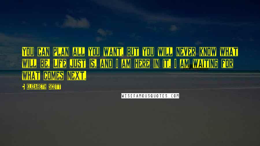 Elizabeth Scott Quotes: You can plan all you want, but you will never know what will be. Life just is, and I am here in it. I am waiting for what comes next.