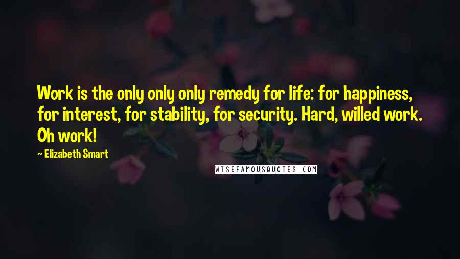 Elizabeth Smart Quotes: Work is the only only only remedy for life: for happiness, for interest, for stability, for security. Hard, willed work. Oh work!