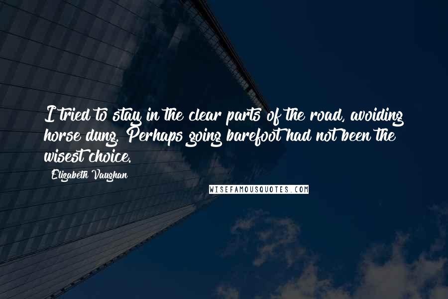 Elizabeth Vaughan Quotes: I tried to stay in the clear parts of the road, avoiding horse dung. Perhaps going barefoot had not been the wisest choice.