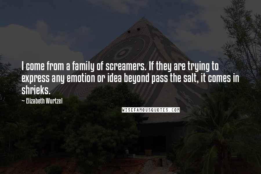 Elizabeth Wurtzel Quotes: I come from a family of screamers. If they are trying to express any emotion or idea beyond pass the salt, it comes in shrieks.