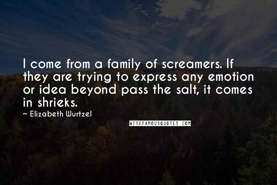 Elizabeth Wurtzel Quotes: I come from a family of screamers. If they are trying to express any emotion or idea beyond pass the salt, it comes in shrieks.