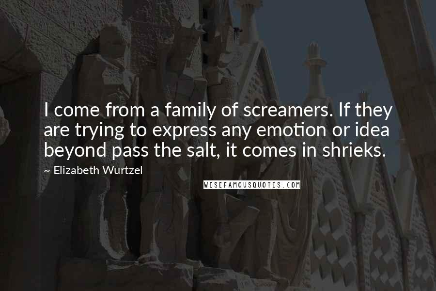 Elizabeth Wurtzel Quotes: I come from a family of screamers. If they are trying to express any emotion or idea beyond pass the salt, it comes in shrieks.