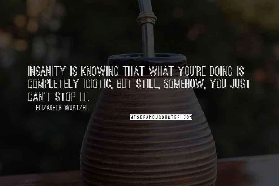 Elizabeth Wurtzel Quotes: Insanity is knowing that what you're doing is completely idiotic, but still, somehow, you just can't stop it.