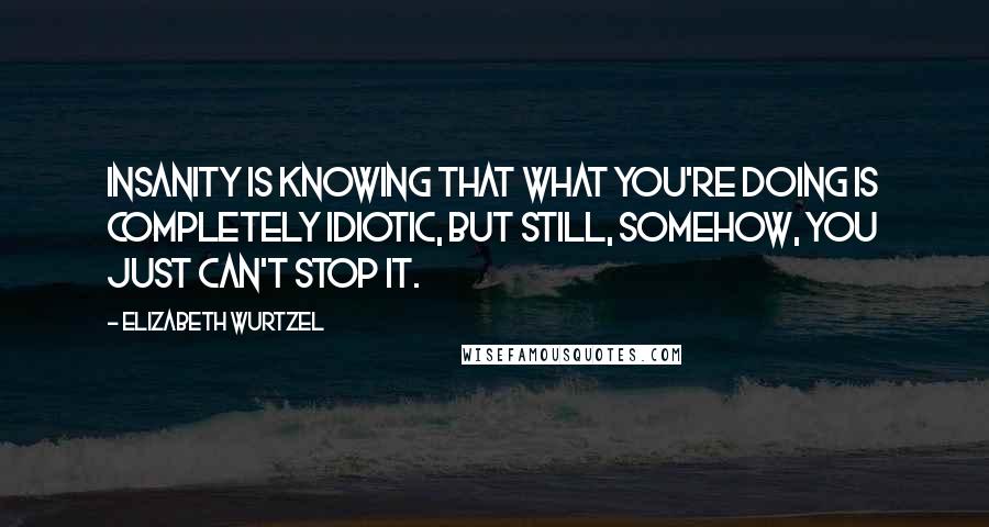 Elizabeth Wurtzel Quotes: Insanity is knowing that what you're doing is completely idiotic, but still, somehow, you just can't stop it.