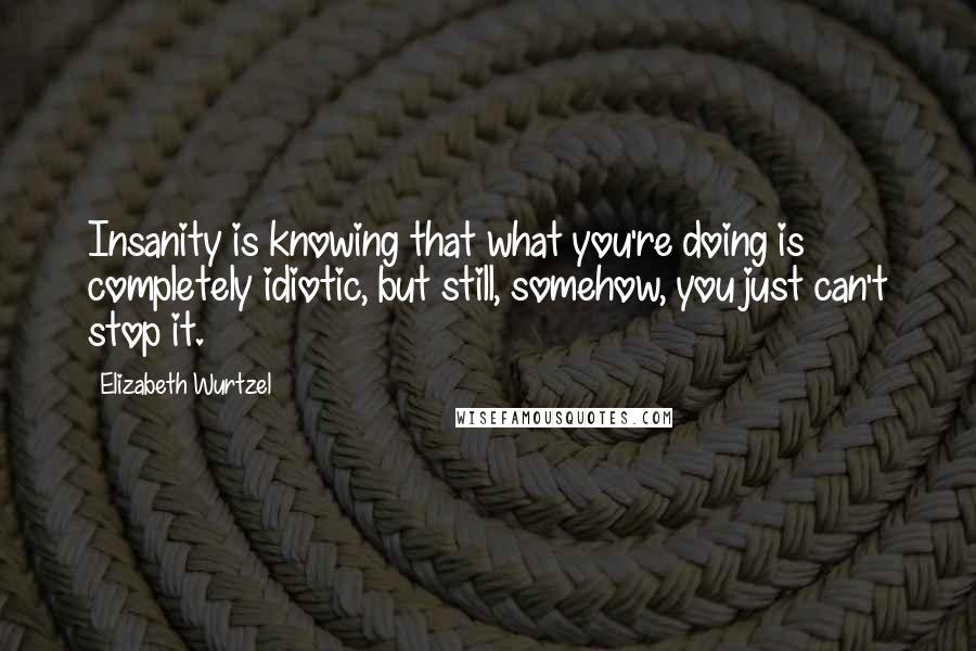 Elizabeth Wurtzel Quotes: Insanity is knowing that what you're doing is completely idiotic, but still, somehow, you just can't stop it.