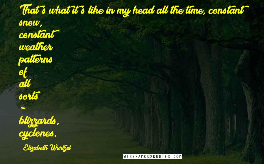 Elizabeth Wurtzel Quotes: That's what it's like in my head all the time, constant snow, constant weather patterns of all sorts - blizzards, cyclones.