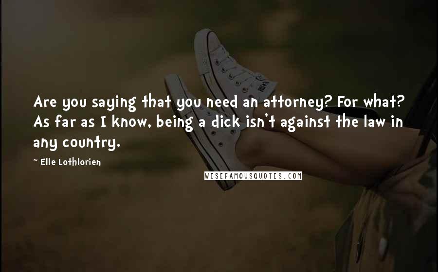Elle Lothlorien Quotes: Are you saying that you need an attorney? For what? As far as I know, being a dick isn't against the law in any country.