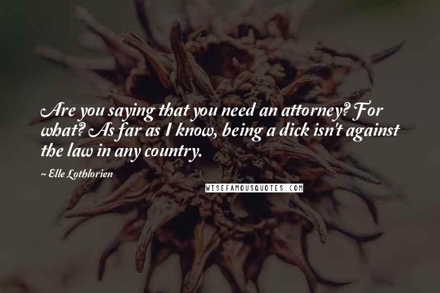 Elle Lothlorien Quotes: Are you saying that you need an attorney? For what? As far as I know, being a dick isn't against the law in any country.