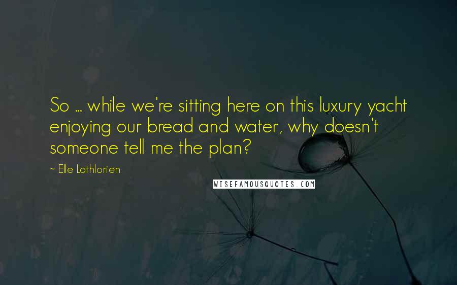 Elle Lothlorien Quotes: So ... while we're sitting here on this luxury yacht enjoying our bread and water, why doesn't someone tell me the plan?