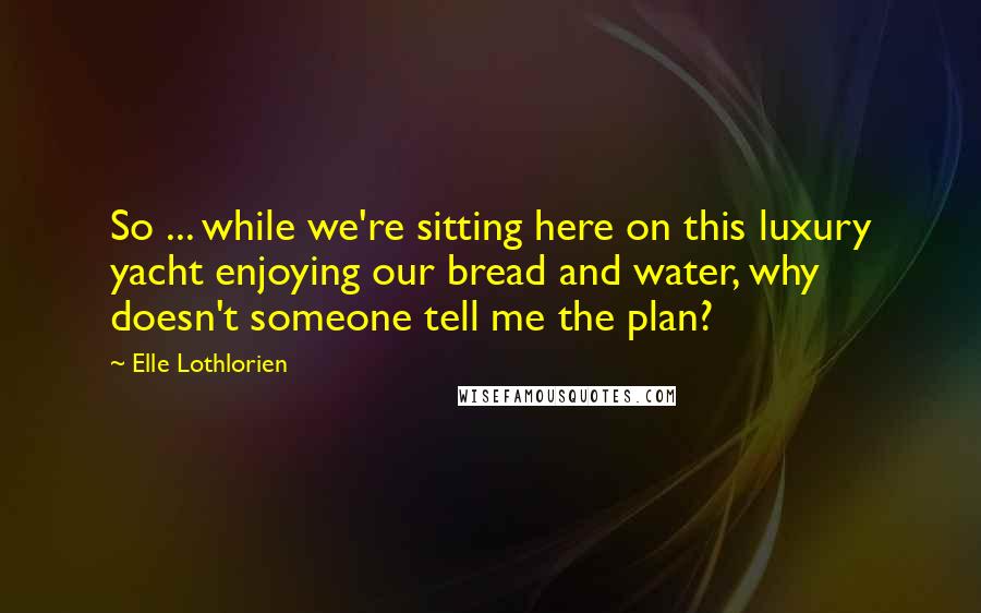 Elle Lothlorien Quotes: So ... while we're sitting here on this luxury yacht enjoying our bread and water, why doesn't someone tell me the plan?