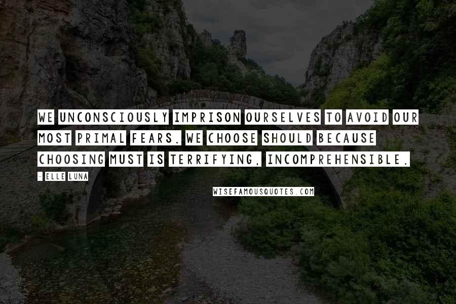 Elle Luna Quotes: We unconsciously imprison ourselves to avoid our most primal fears. We choose Should because choosing Must is terrifying, incomprehensible.