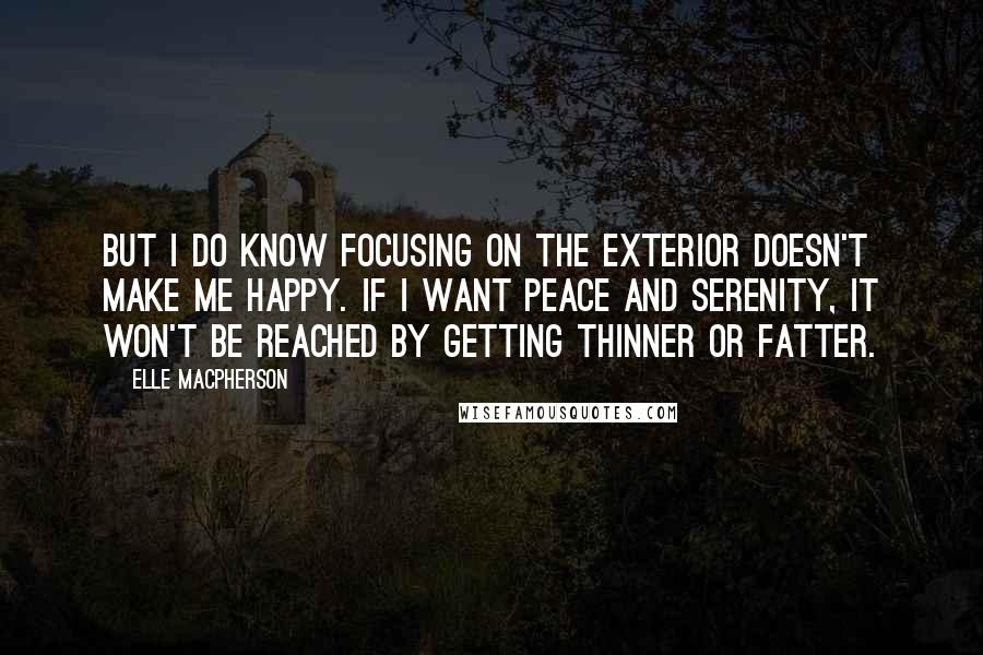 Elle Macpherson Quotes: But I do know focusing on the exterior doesn't make me happy. If I want peace and serenity, it won't be reached by getting thinner or fatter.