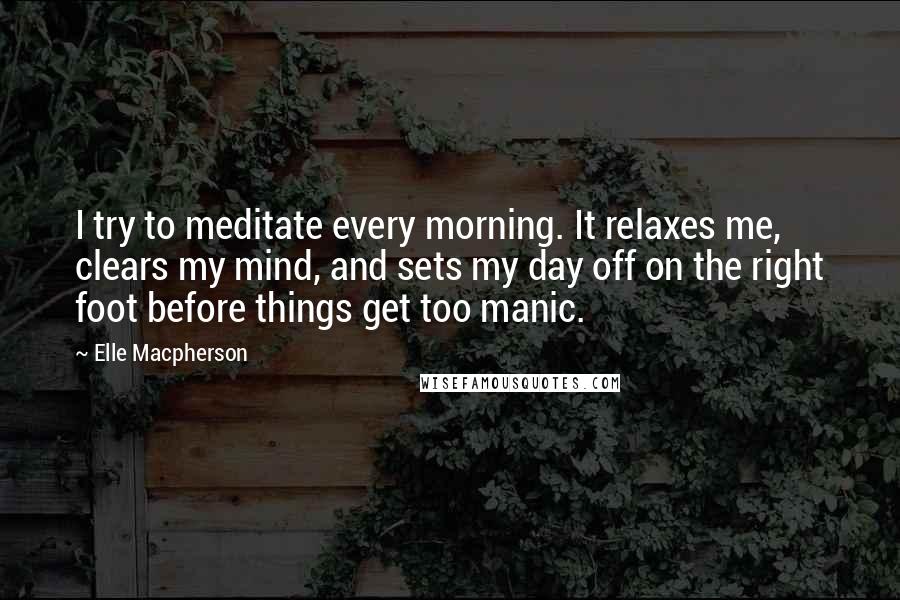 Elle Macpherson Quotes: I try to meditate every morning. It relaxes me, clears my mind, and sets my day off on the right foot before things get too manic.