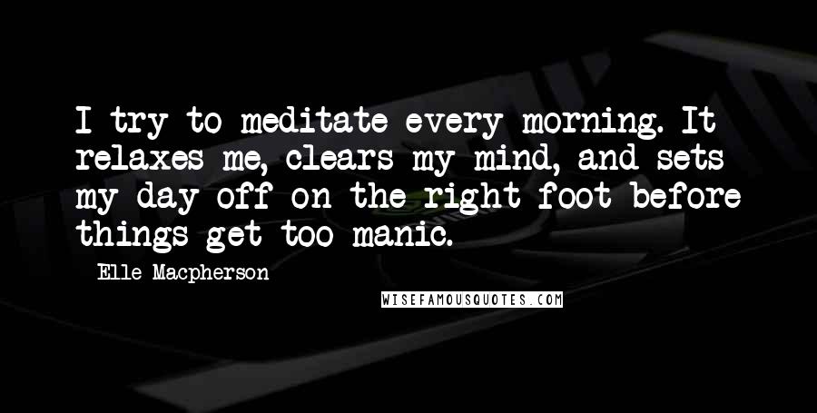 Elle Macpherson Quotes: I try to meditate every morning. It relaxes me, clears my mind, and sets my day off on the right foot before things get too manic.