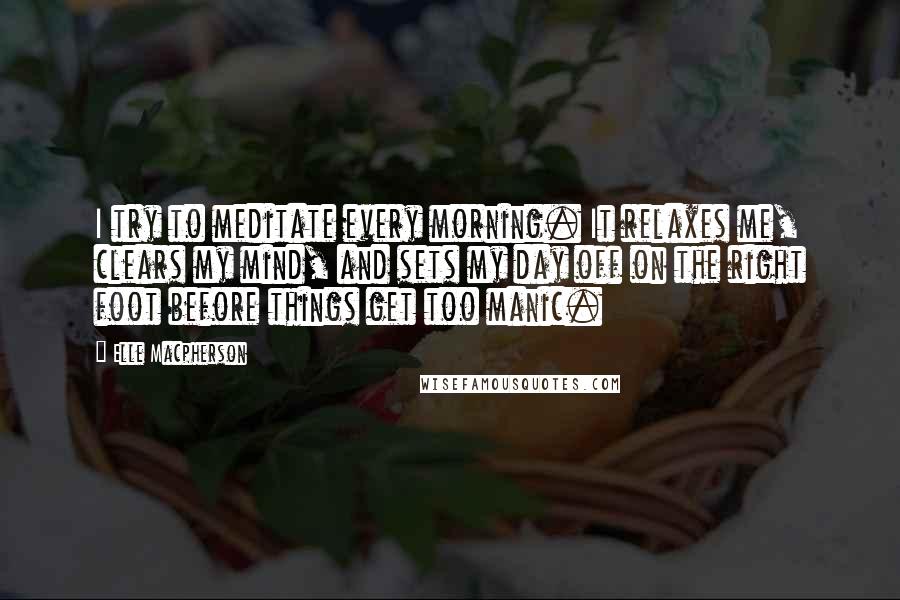 Elle Macpherson Quotes: I try to meditate every morning. It relaxes me, clears my mind, and sets my day off on the right foot before things get too manic.