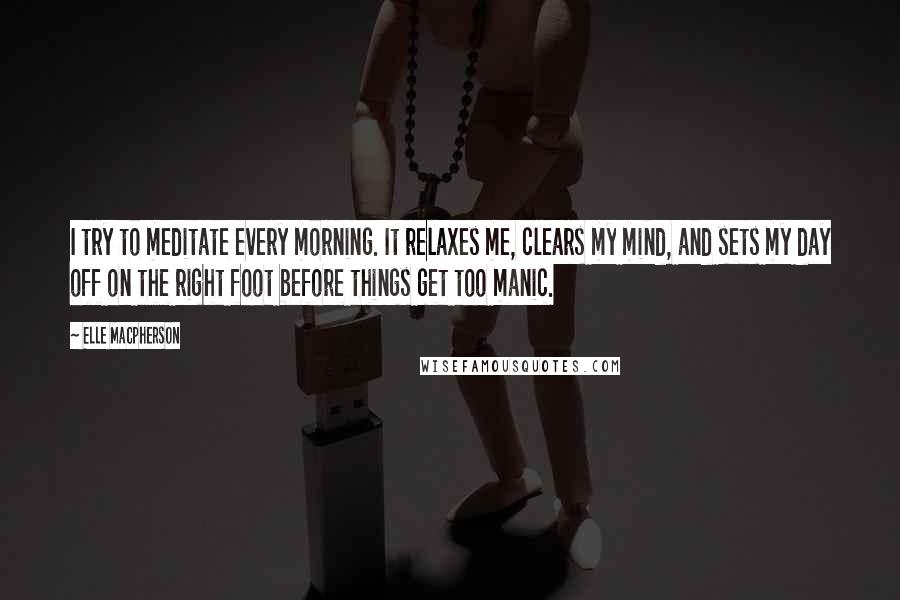 Elle Macpherson Quotes: I try to meditate every morning. It relaxes me, clears my mind, and sets my day off on the right foot before things get too manic.