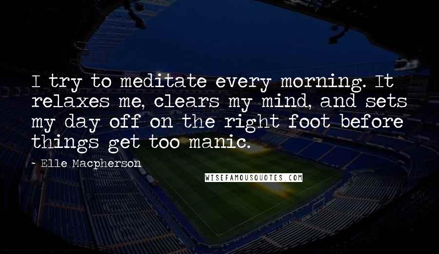 Elle Macpherson Quotes: I try to meditate every morning. It relaxes me, clears my mind, and sets my day off on the right foot before things get too manic.