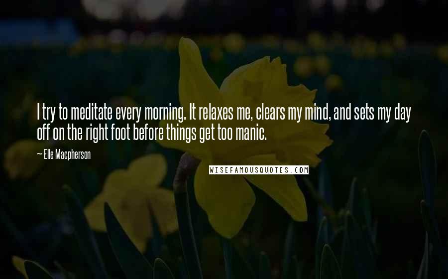 Elle Macpherson Quotes: I try to meditate every morning. It relaxes me, clears my mind, and sets my day off on the right foot before things get too manic.