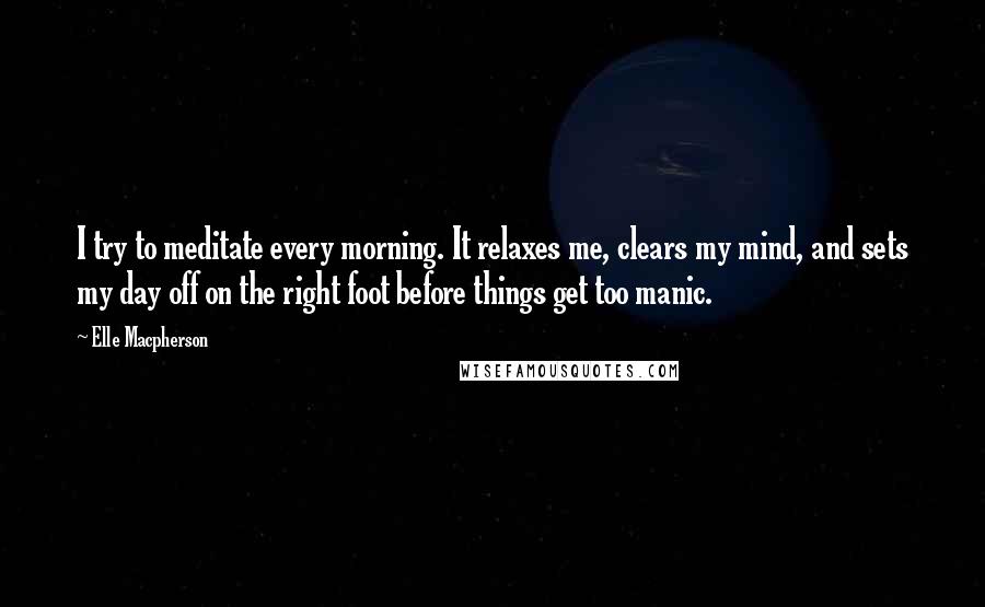 Elle Macpherson Quotes: I try to meditate every morning. It relaxes me, clears my mind, and sets my day off on the right foot before things get too manic.