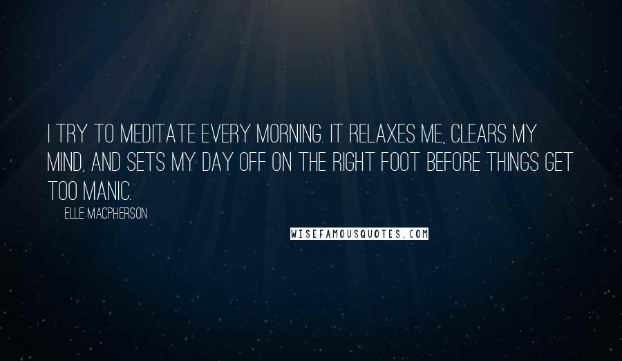 Elle Macpherson Quotes: I try to meditate every morning. It relaxes me, clears my mind, and sets my day off on the right foot before things get too manic.