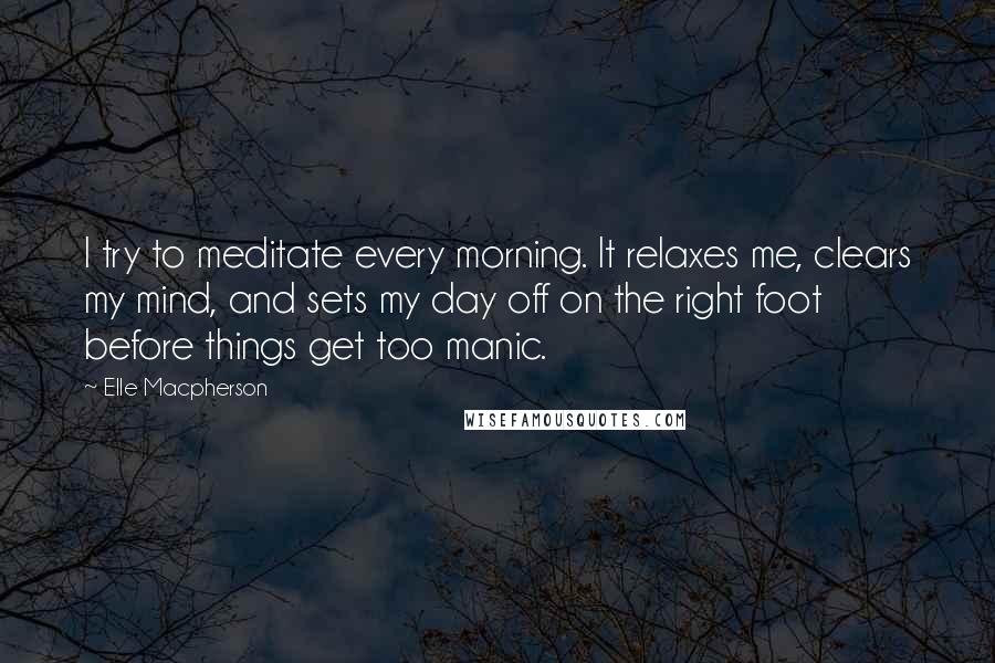 Elle Macpherson Quotes: I try to meditate every morning. It relaxes me, clears my mind, and sets my day off on the right foot before things get too manic.