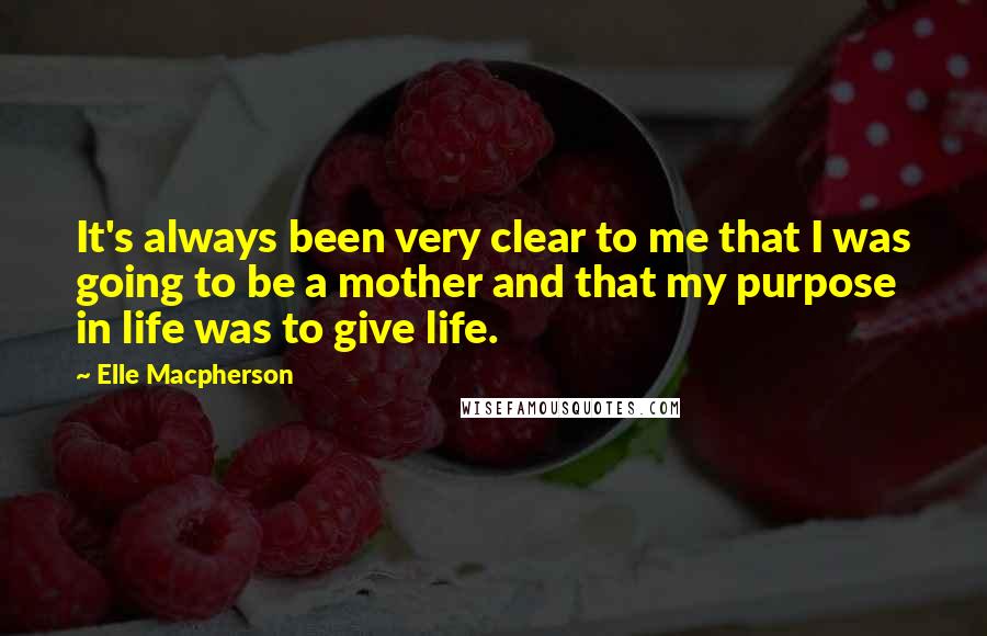 Elle Macpherson Quotes: It's always been very clear to me that I was going to be a mother and that my purpose in life was to give life.