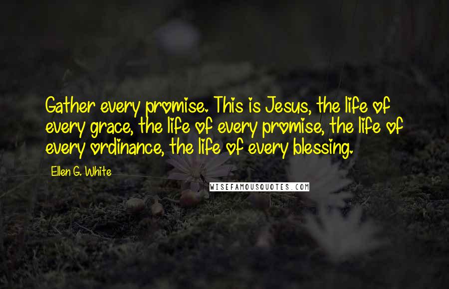 Ellen G. White Quotes: Gather every promise. This is Jesus, the life of every grace, the life of every promise, the life of every ordinance, the life of every blessing.