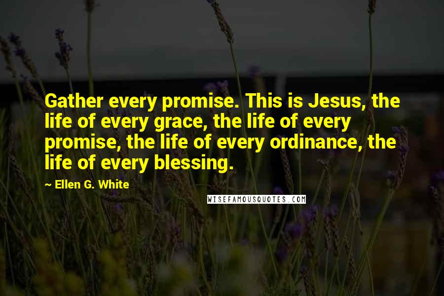 Ellen G. White Quotes: Gather every promise. This is Jesus, the life of every grace, the life of every promise, the life of every ordinance, the life of every blessing.