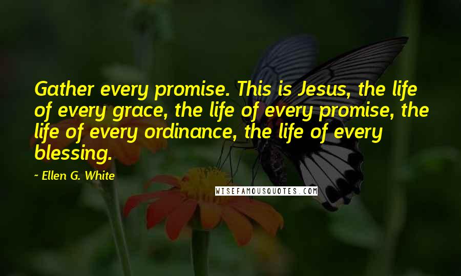 Ellen G. White Quotes: Gather every promise. This is Jesus, the life of every grace, the life of every promise, the life of every ordinance, the life of every blessing.