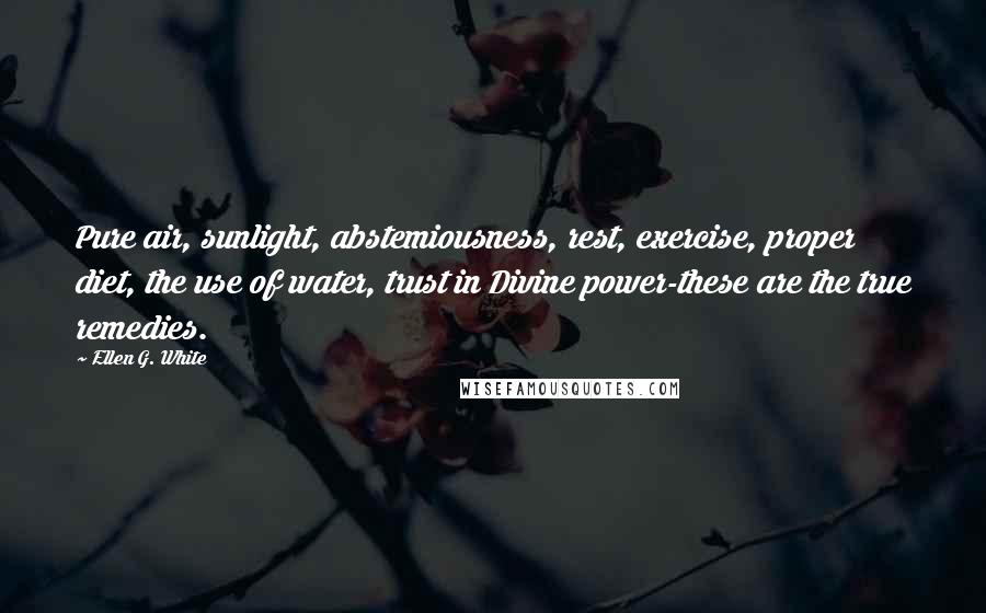 Ellen G. White Quotes: Pure air, sunlight, abstemiousness, rest, exercise, proper diet, the use of water, trust in Divine power-these are the true remedies.