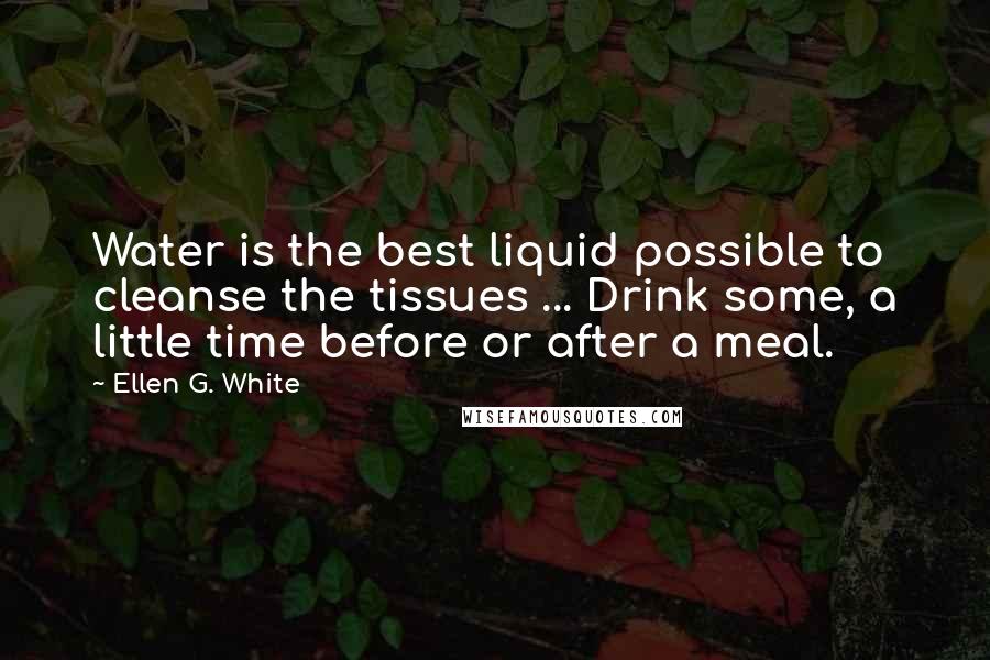 Ellen G. White Quotes: Water is the best liquid possible to cleanse the tissues ... Drink some, a little time before or after a meal.