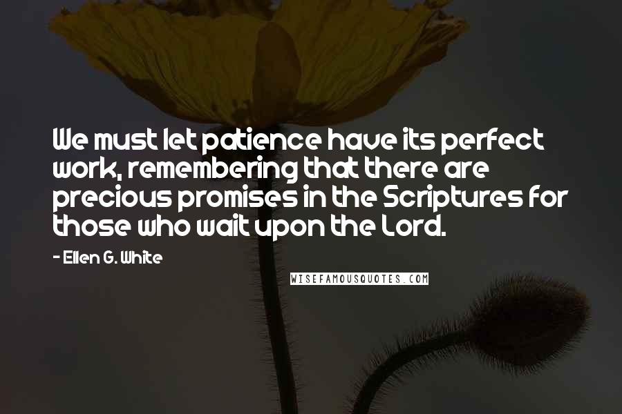 Ellen G. White Quotes: We must let patience have its perfect work, remembering that there are precious promises in the Scriptures for those who wait upon the Lord.