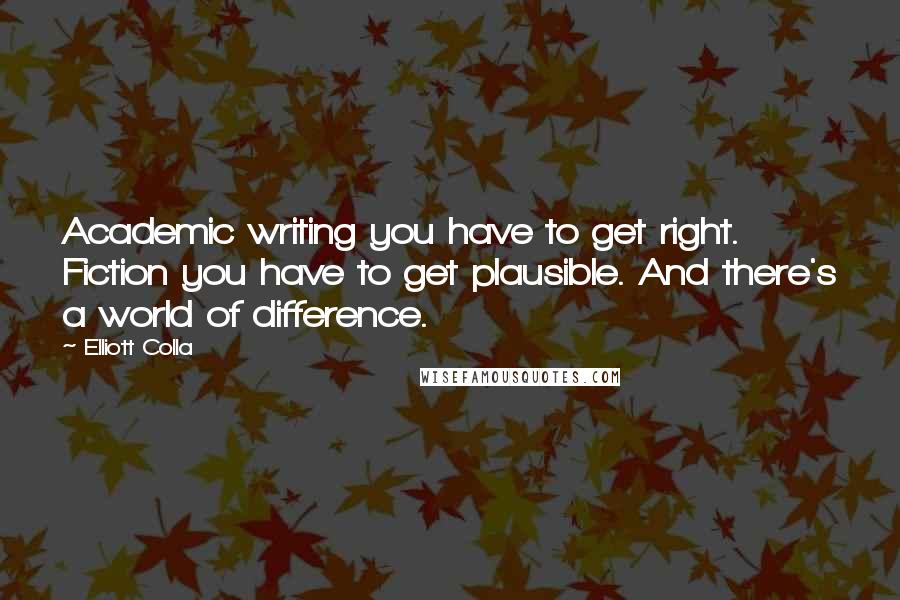 Elliott Colla Quotes: Academic writing you have to get right. Fiction you have to get plausible. And there's a world of difference.