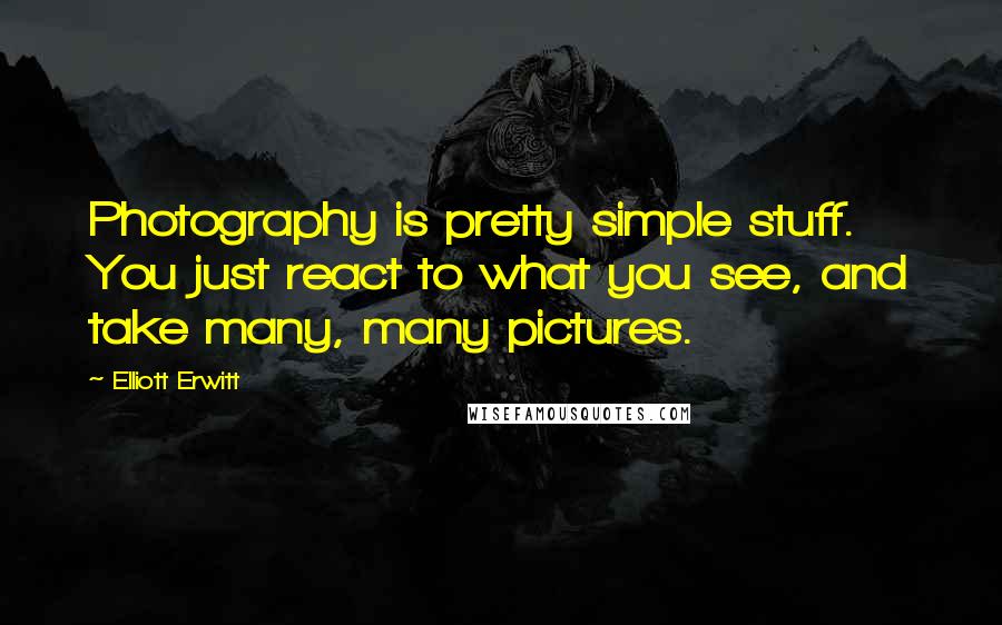 Elliott Erwitt Quotes: Photography is pretty simple stuff. You just react to what you see, and take many, many pictures.