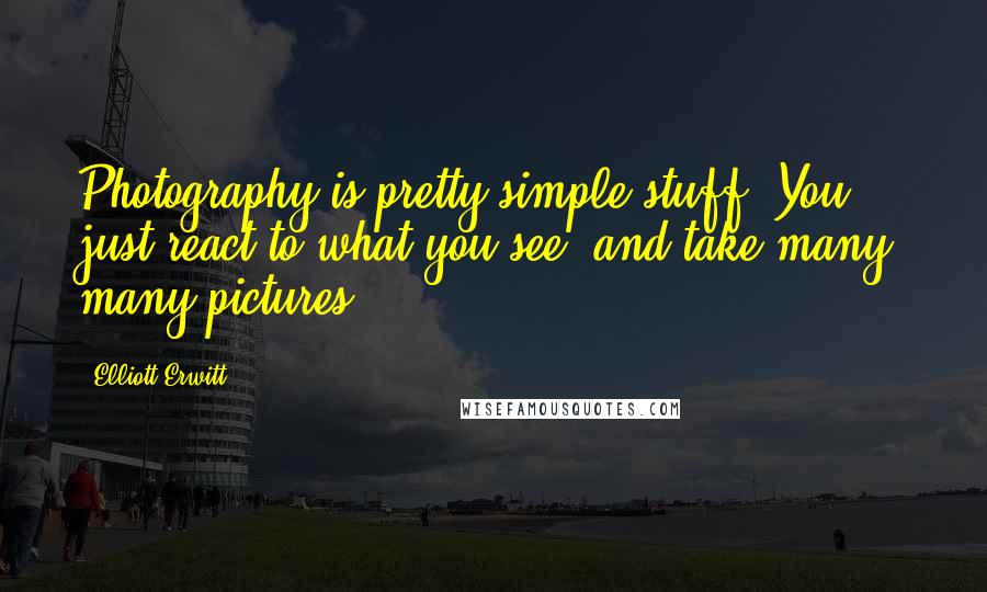 Elliott Erwitt Quotes: Photography is pretty simple stuff. You just react to what you see, and take many, many pictures.