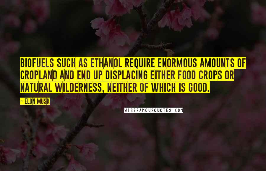 Elon Musk Quotes: Biofuels such as ethanol require enormous amounts of cropland and end up displacing either food crops or natural wilderness, neither of which is good.