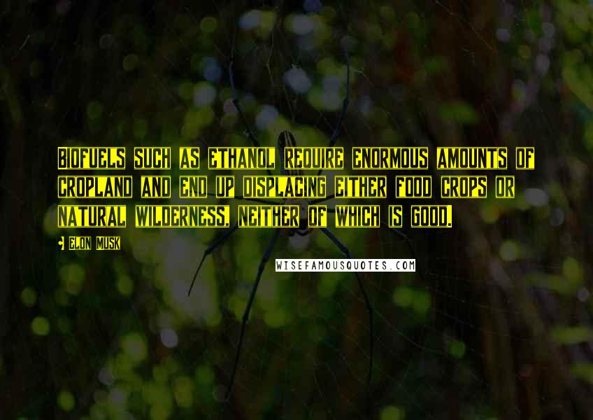 Elon Musk Quotes: Biofuels such as ethanol require enormous amounts of cropland and end up displacing either food crops or natural wilderness, neither of which is good.