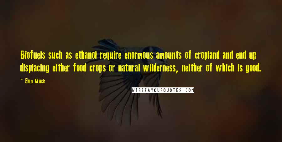 Elon Musk Quotes: Biofuels such as ethanol require enormous amounts of cropland and end up displacing either food crops or natural wilderness, neither of which is good.