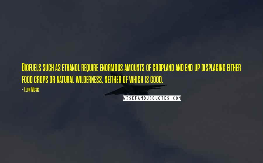 Elon Musk Quotes: Biofuels such as ethanol require enormous amounts of cropland and end up displacing either food crops or natural wilderness, neither of which is good.